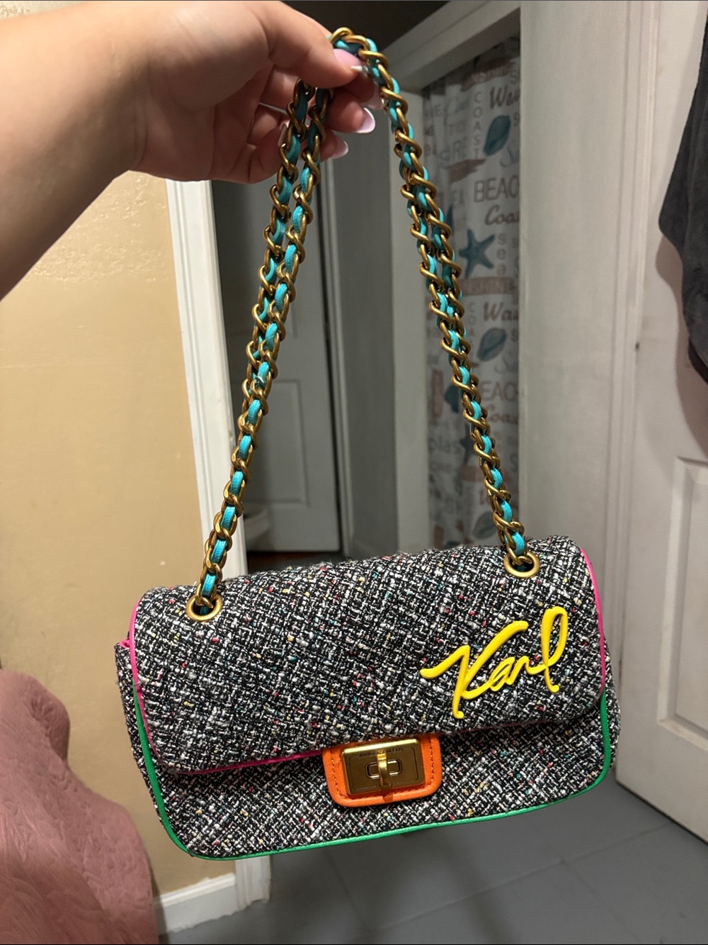 Karl Lagerfeld Black Tweed Shoulder Bag with Pink, Green & Yellow Accents